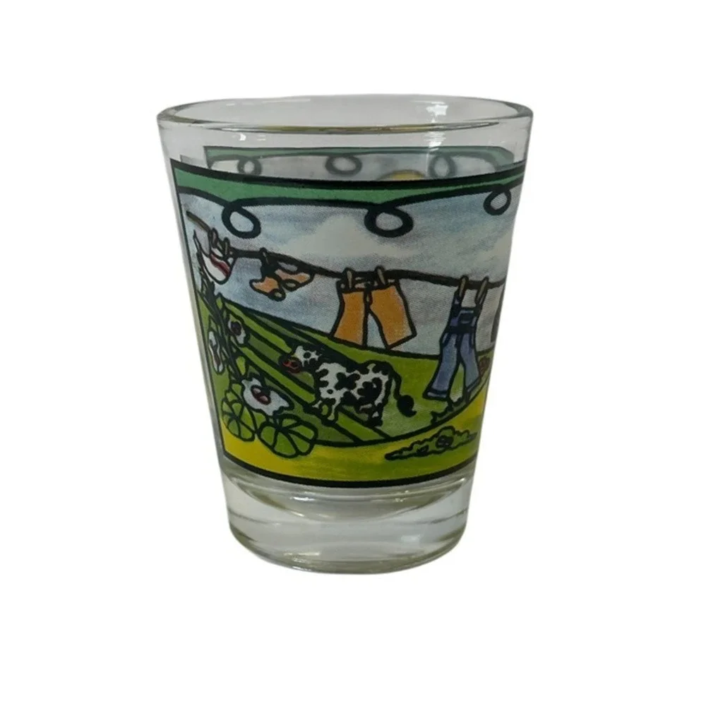 Wisconsin Souvenir Shot Glass Farm Scene Barn‎ Cow Clothesline